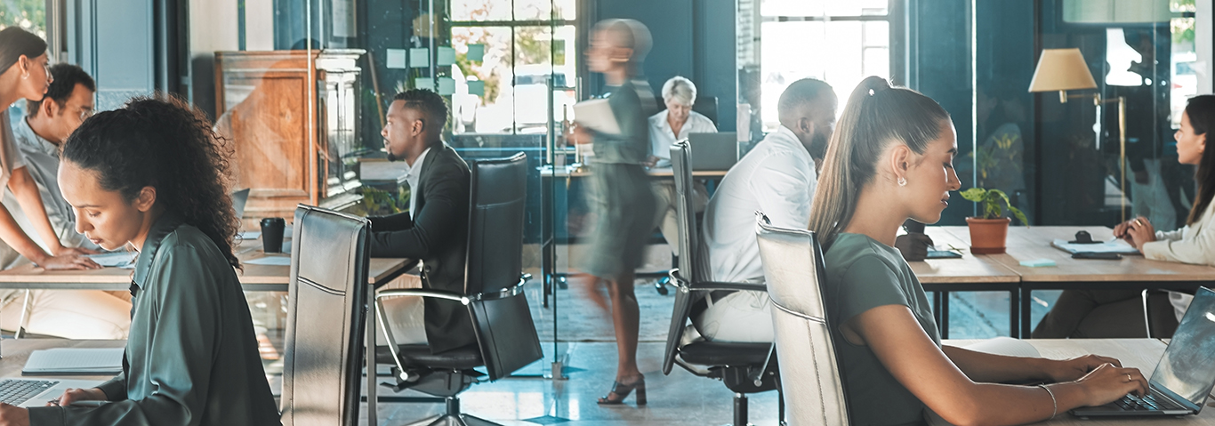 high-quality audio background music making employees work efficiently in a modern office